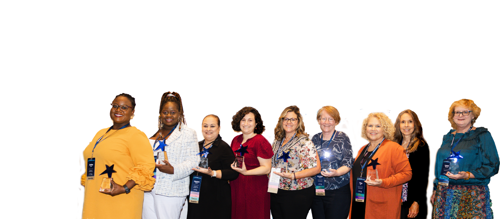 Changent team members all with various skin tones posing for a photo together with awards they won