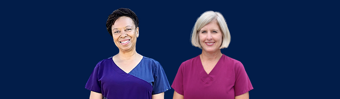 Two adults, one with a medium skin tone and one with a light skin tone, are standing side by side, posing in front of a blue background.