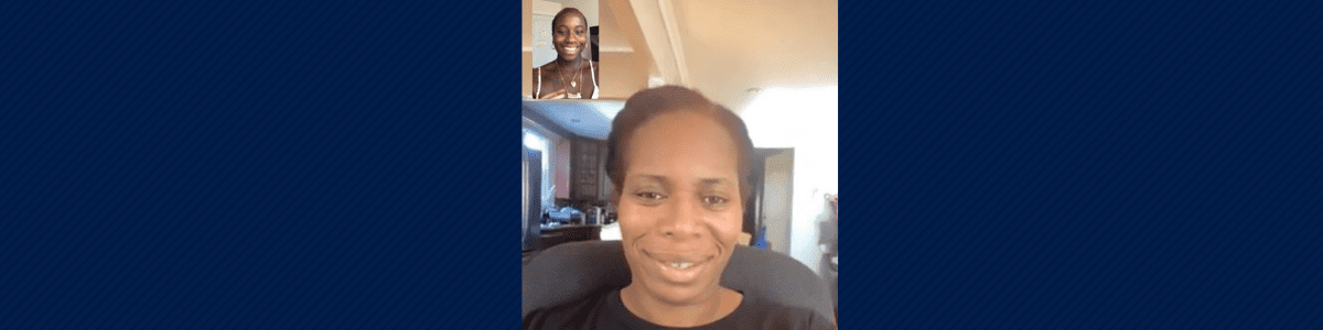 Screenshot of two adult women, both with a dark skin tone smiling while on a FaceTime video call together.